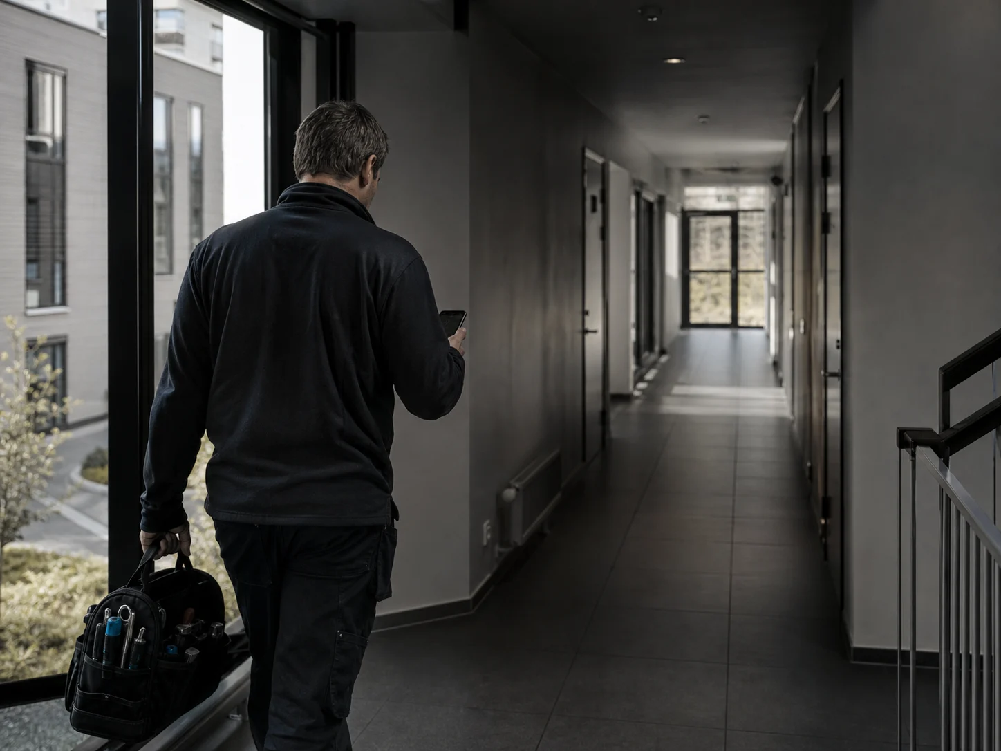 En fastighetstekniker går genom en korridor med verktyg och telefon.
